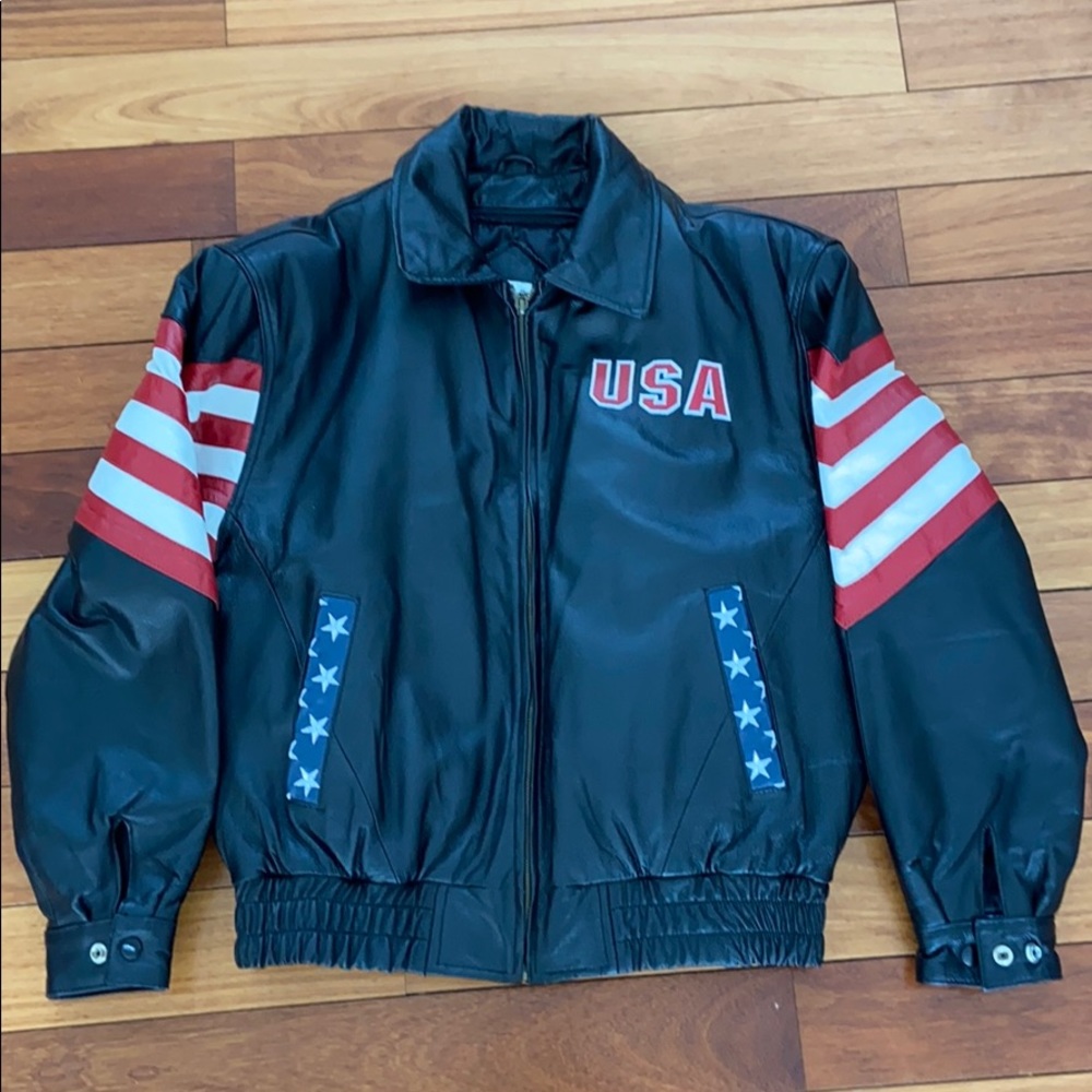 USA Genuine Leather Jacket with USA Flag